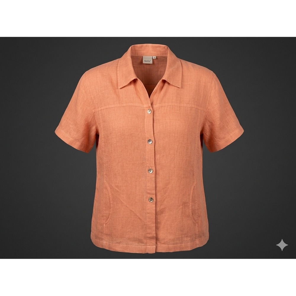 Focus 2000 Womens XL Coral Orange 100% Linen Short Sleeve Button‎ Up Shirt